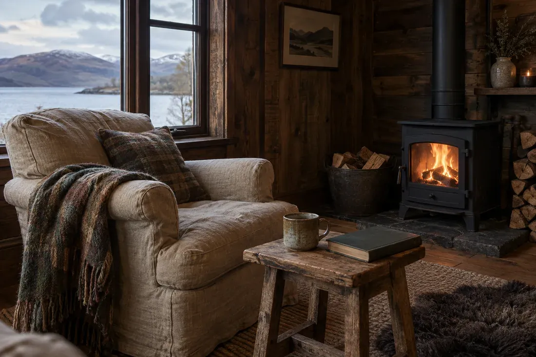 Armchair by the wood stove inside the cabin