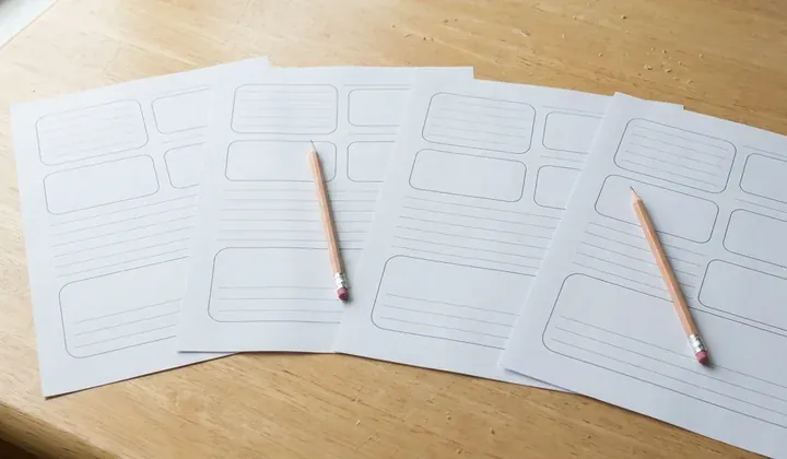 Printed worksheets laid out on a table