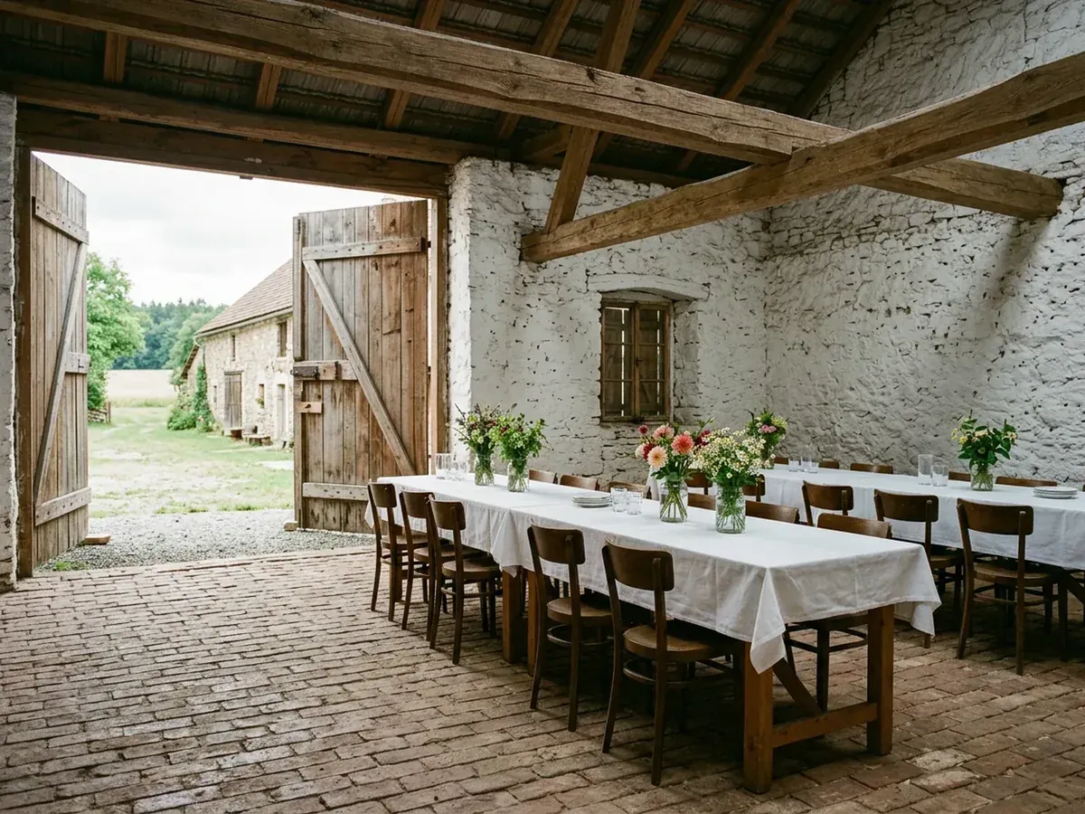 Long tables set for dinner in the farm's stone barn