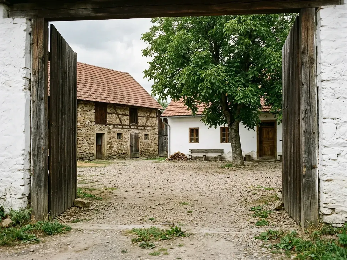The farmhouse courtyard and its wooden gate