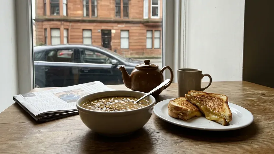 Soup, a toastie and a pot of tea on a window table at Moira's