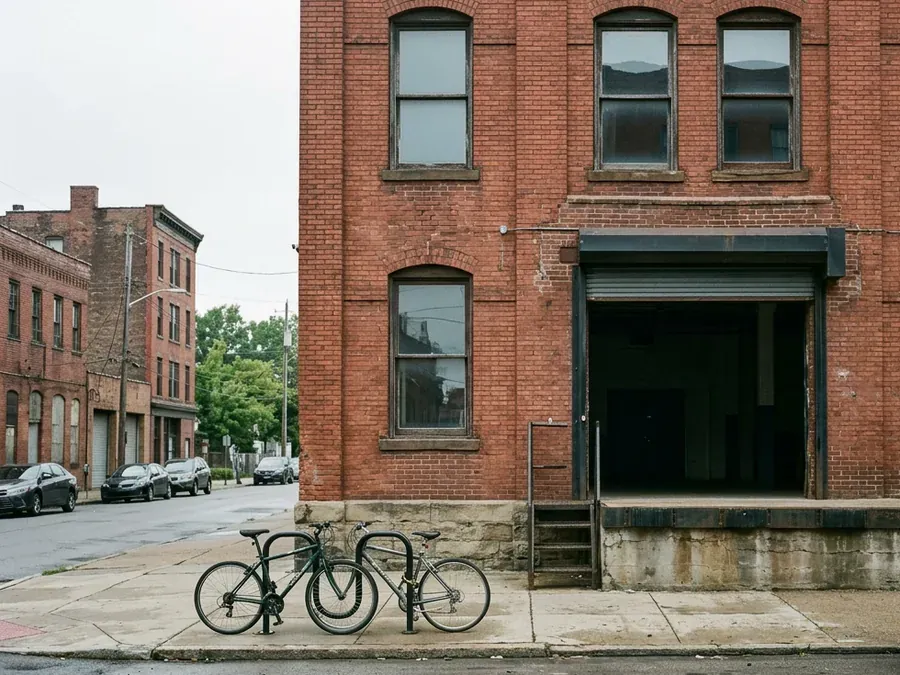 The red-brick warehouse on Smallman Street with its loading dock door open and two bikes at the rack
