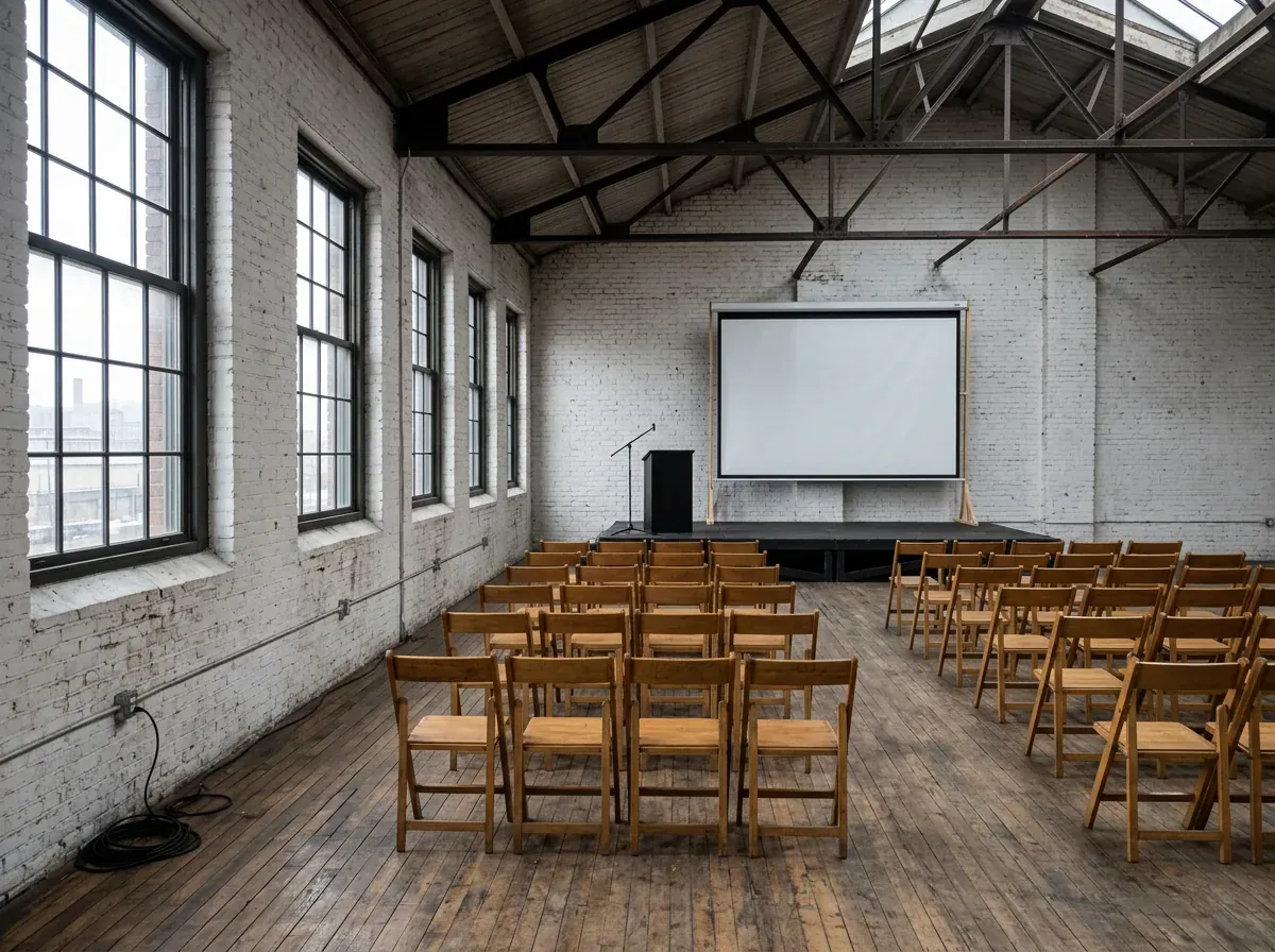 Rows of wooden folding chairs facing a low stage and a blank screen in a whitewashed brick hall