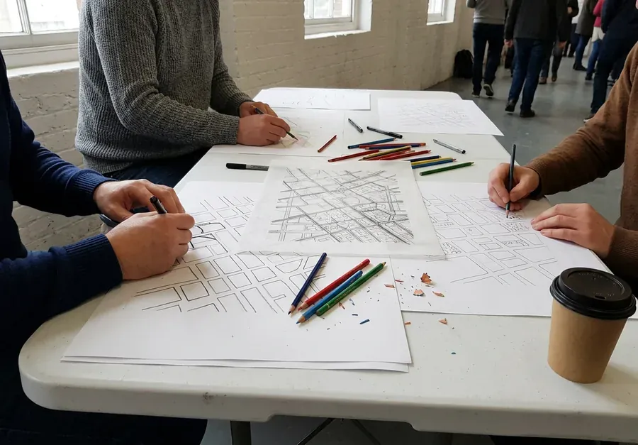 Hands drawing street maps with pencils on a long table at last year's workshop