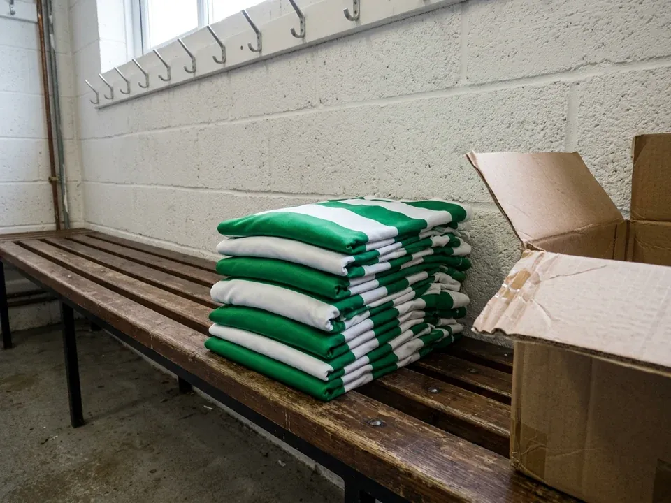 A stack of new green and white hooped shirts on a changing-room bench
