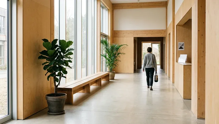 Daylight along a plywood lined entrance hall with two tall plants