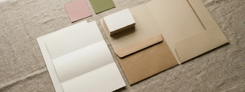 Printed cards, folders and paper swatches laid out on linen