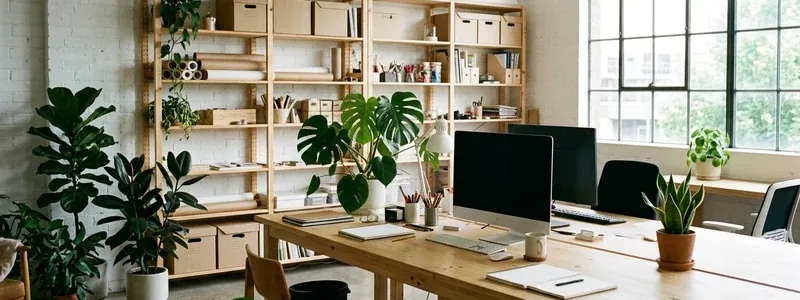 A studio workroom with open shelving and plants by the window