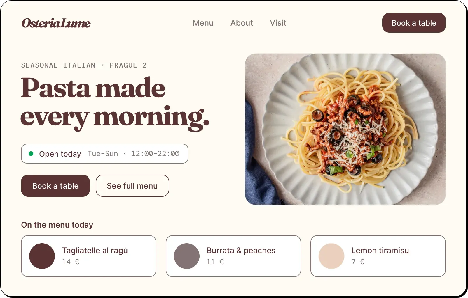A restaurant's site with its menu