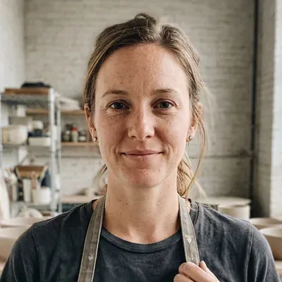 Nell Garvey in her apron in the studio