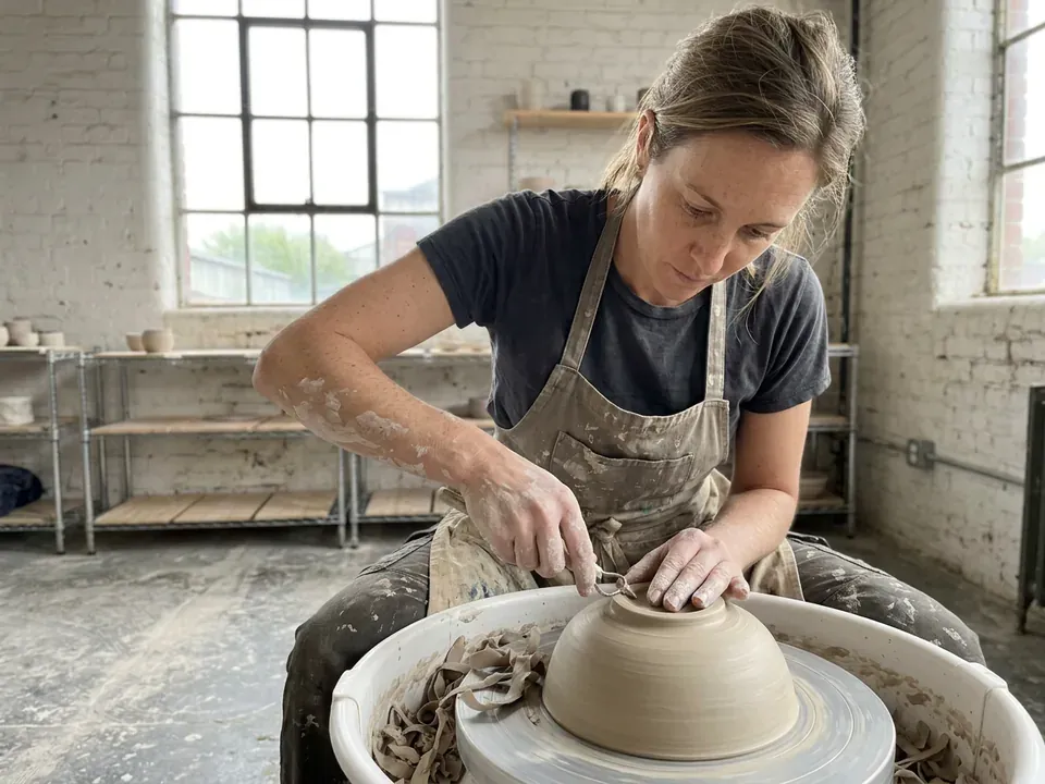 Nell trimming a bowl at the wheel in her studio