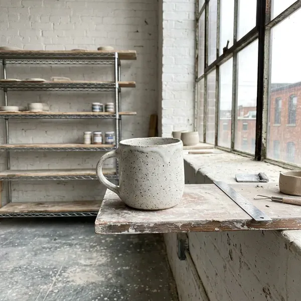 A speckled white mug on a windowsill