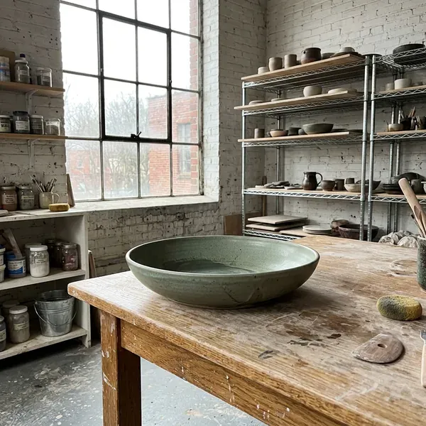 An ash green serving bowl on an oak table