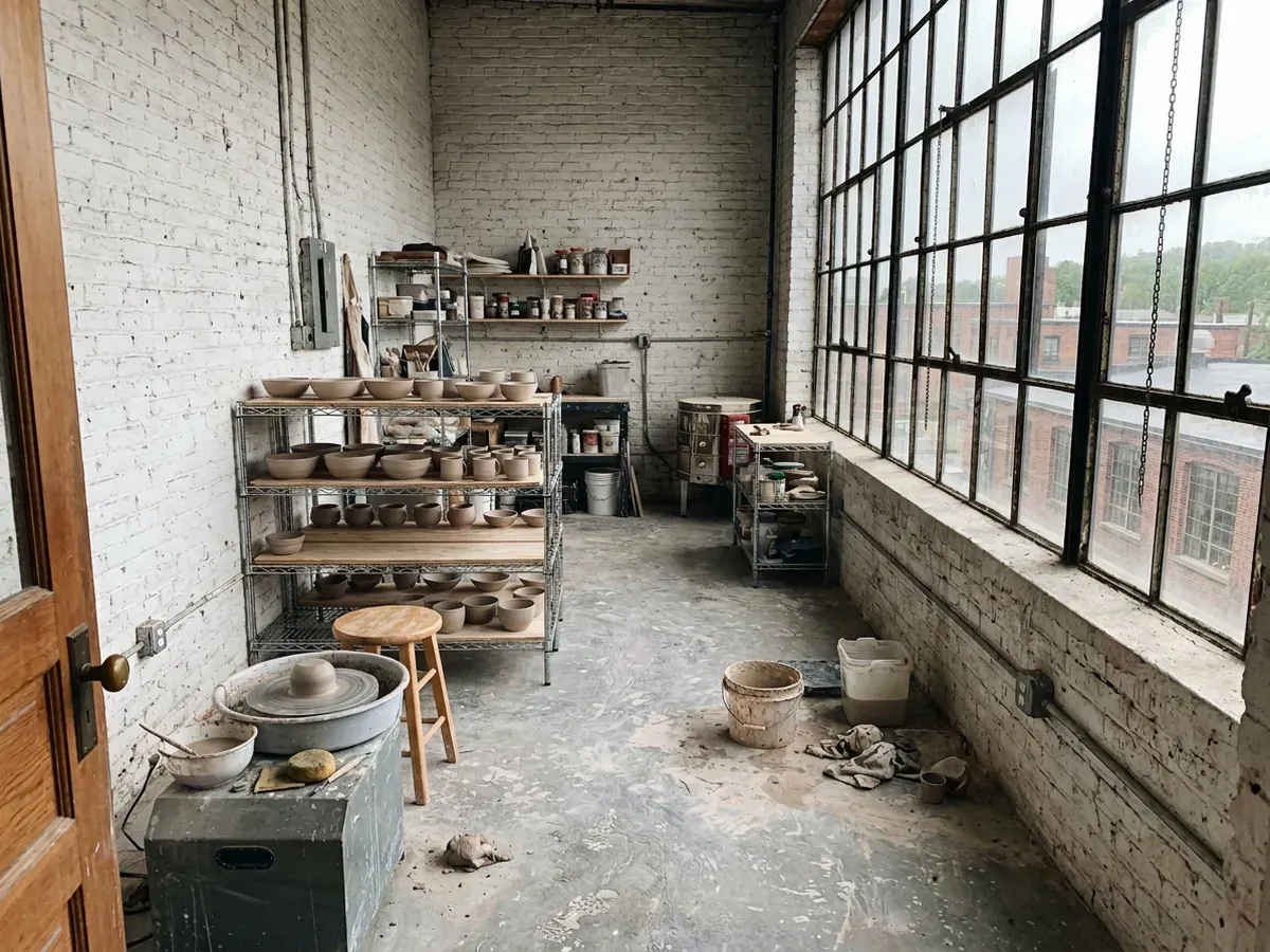 Nell's studio: the wheel, ware boards of drying bowls and a tall factory window