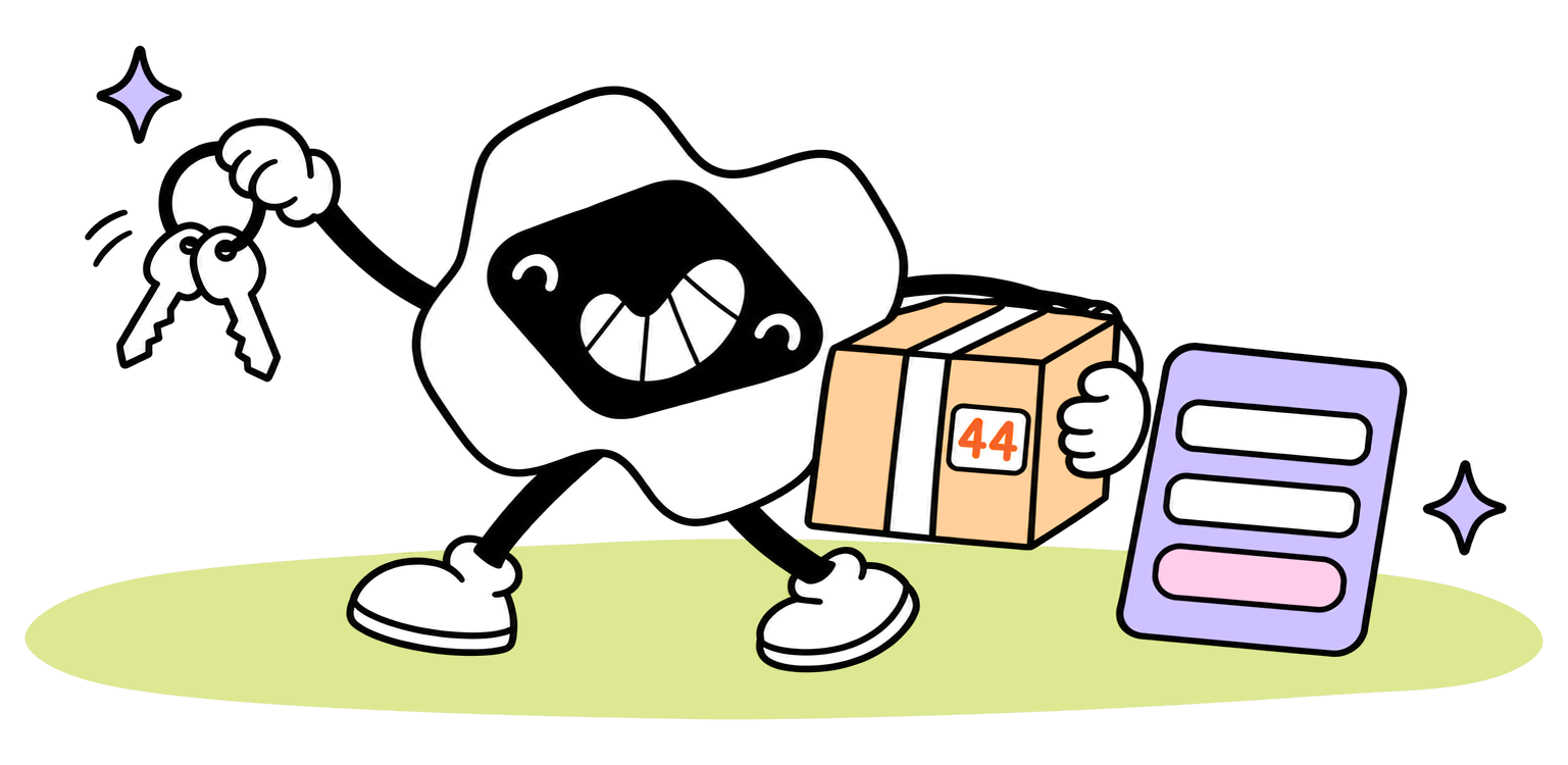 The Macaly mascot carries a project code folder out of Base44.