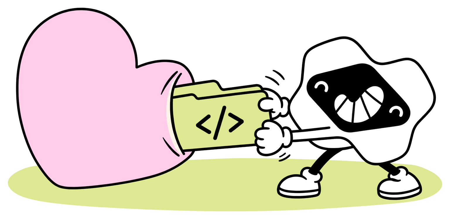 The Macaly mascot pulls a green project code folder out of the Lovable heart.