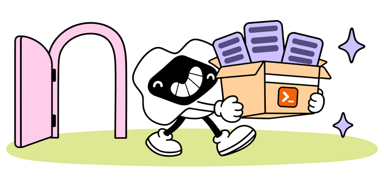 Maskot Macaly odnáší z Replitu složku s kódem projektu.