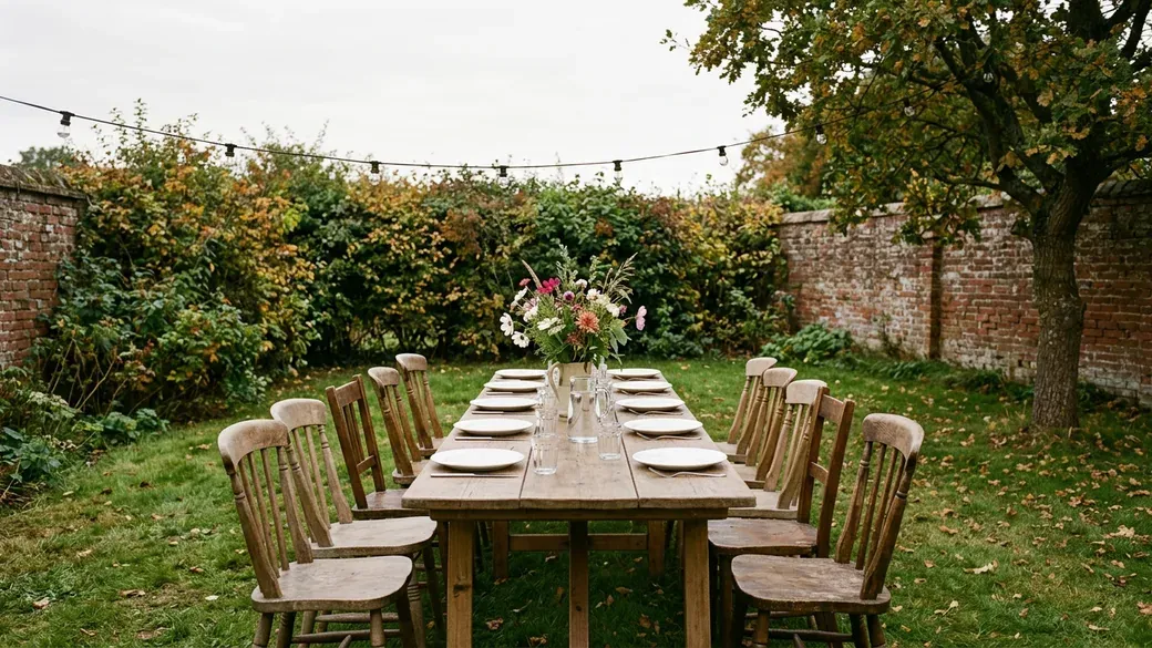 A long wooden table laid for dinner on the grass of a walled garden, with a string of bulbs above it