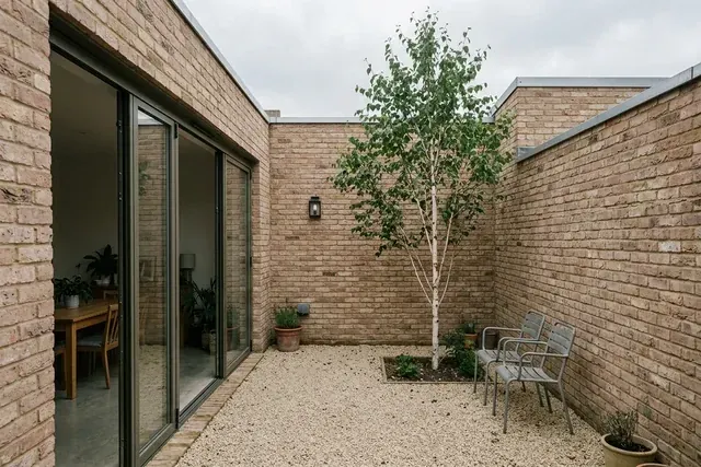 A small brick courtyard with a young birch tree and glazed doors