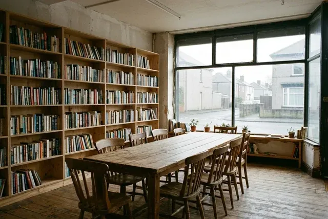 A converted corner shop with plywood bookshelves and a long shared table
