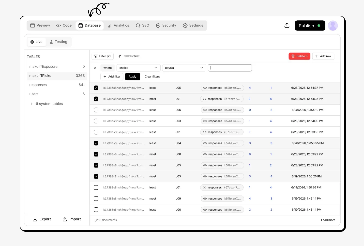 Záložka Database s tabulkou řádků a nastavenými filtry