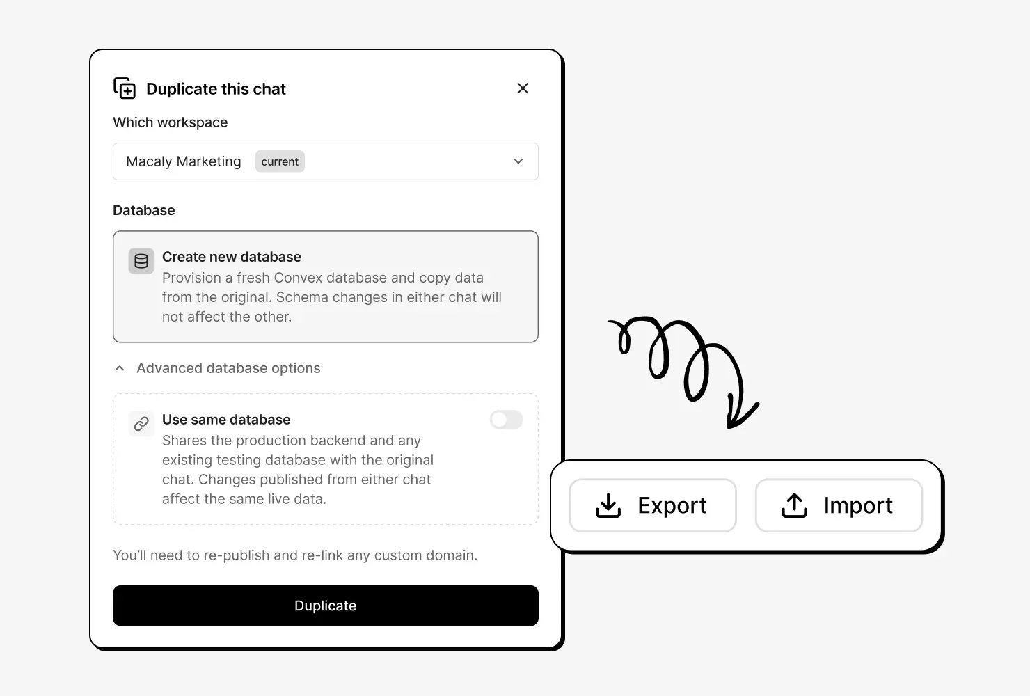 Dialog duplikace chatu s volbou nové databáze nebo kopie vašich dat