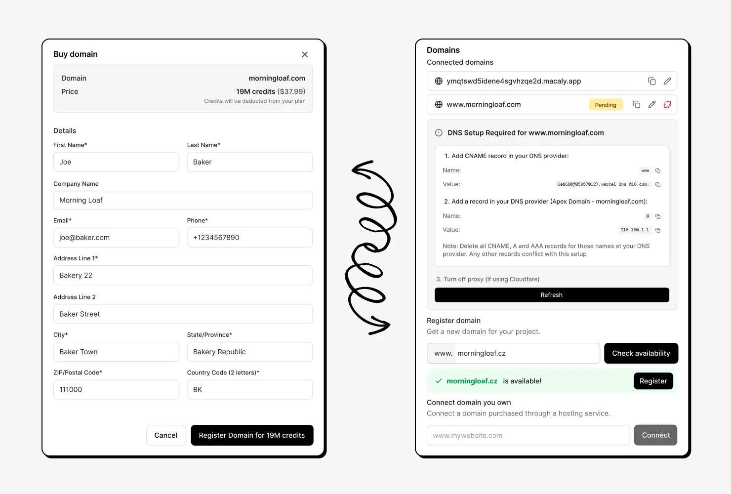 Dialog nákupu nové domény vedle nastavení DNS pro doménu, kterou už vlastníte