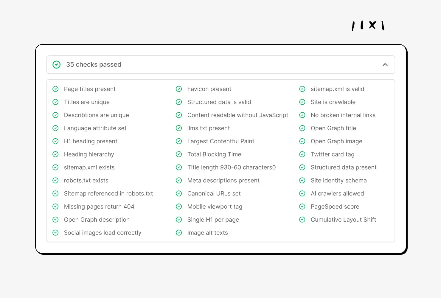 The audit's passed checks, including Content readable without JavaScript, llms.txt present and AI crawlers allowed