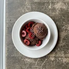Dark chocolate sorbet as it is plated at Bar Marta