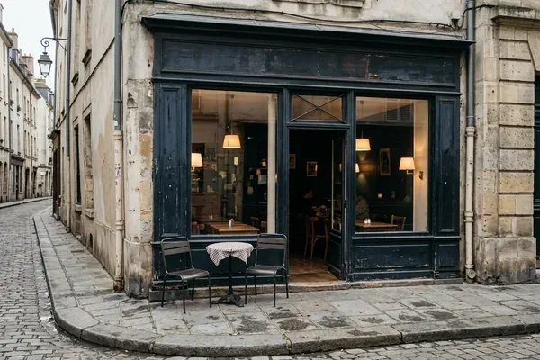 The corner shopfront of Bar Marta, lit from inside, with two chairs on the pavement
