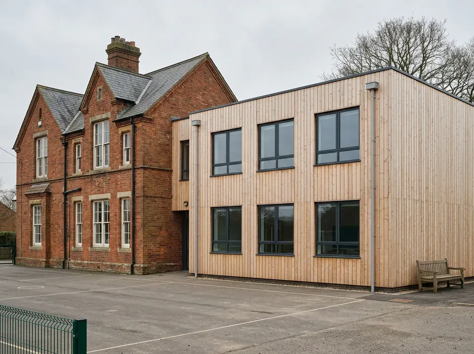 A two-storey timber-clad extension beside an older brick school