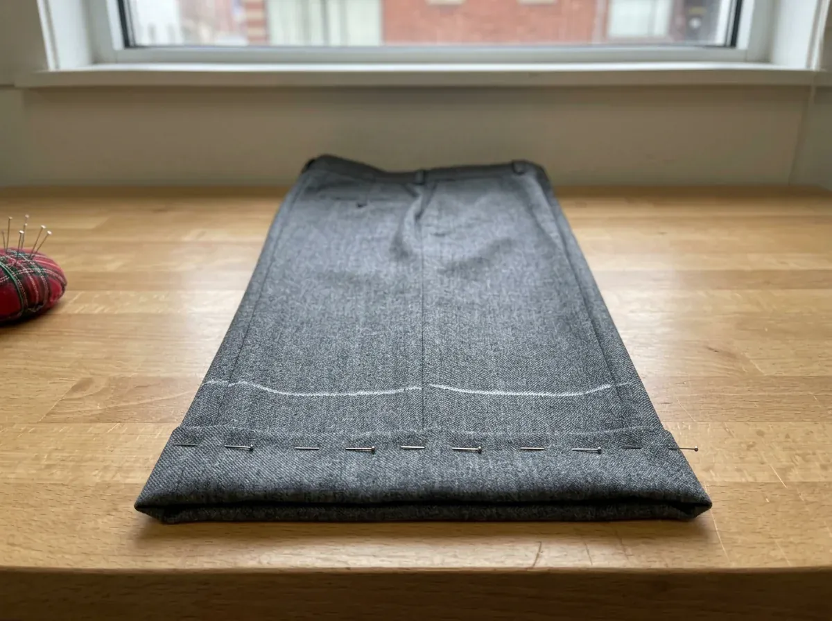 A trouser hem folded up and pinned on the cutting table