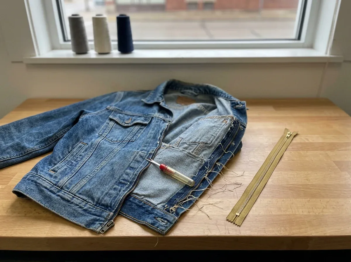 A denim jacket with its old zip half unpicked beside a new one