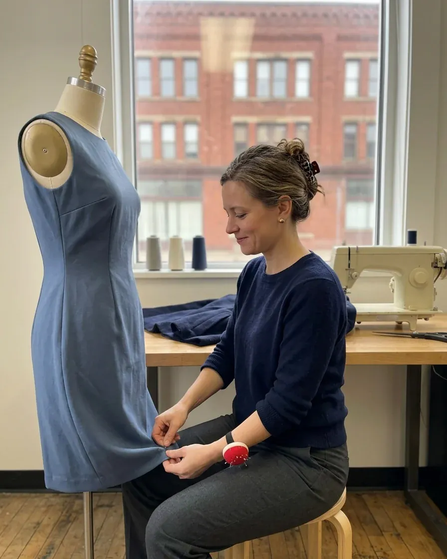 Lena pinning the hem of a blue dress on the dress form beside her sewing table