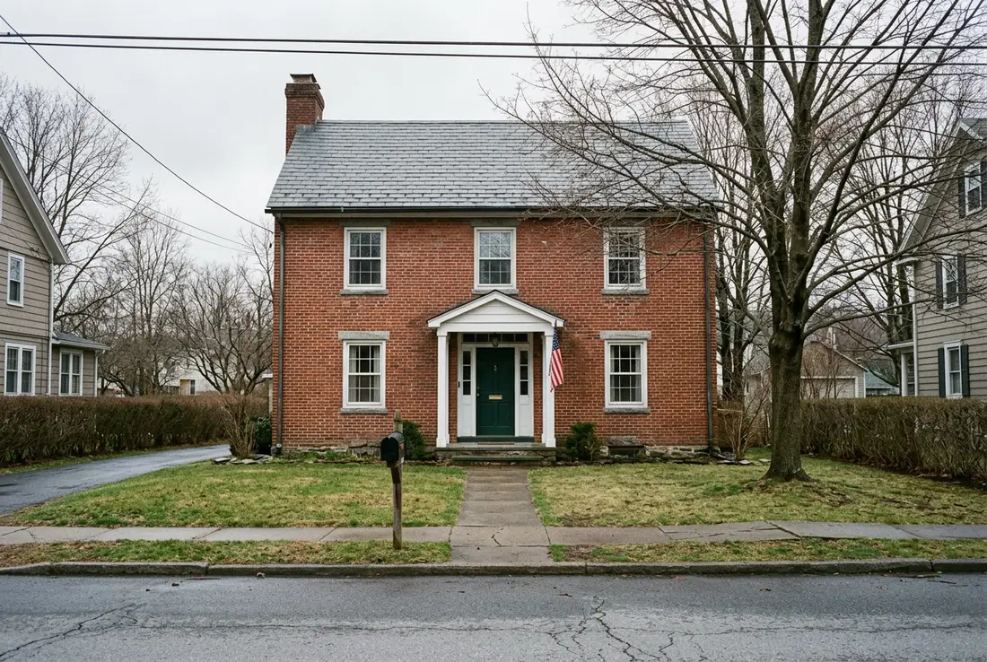 Red brick house from the street, with a white porch and bare trees