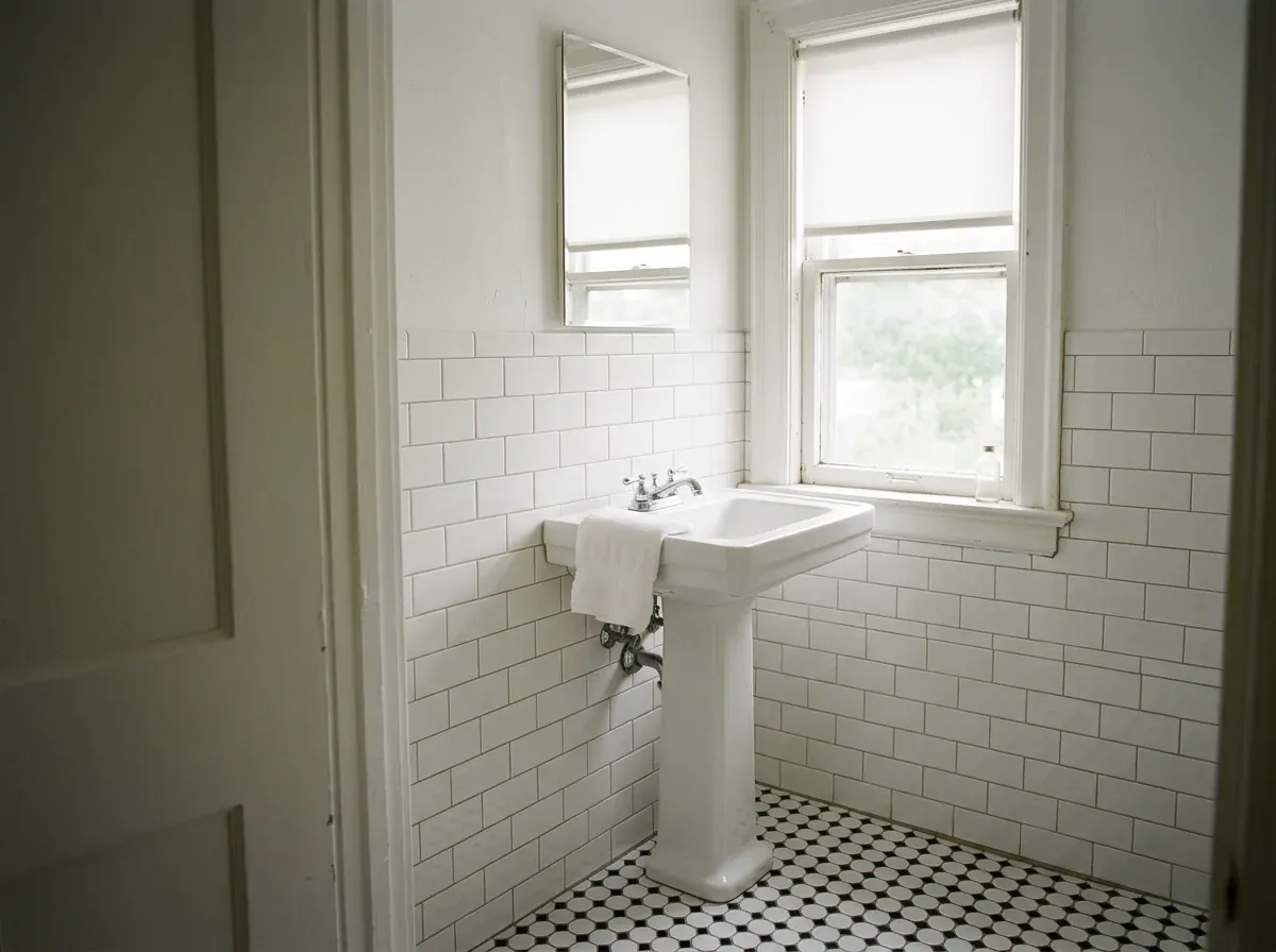 A small finished bathroom with white tile