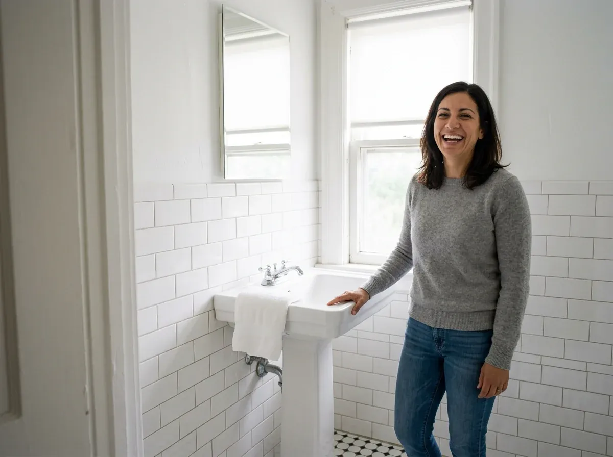 Gina in her refitted bathroom in Fox Point: white tile, a new pedestal sink and a window