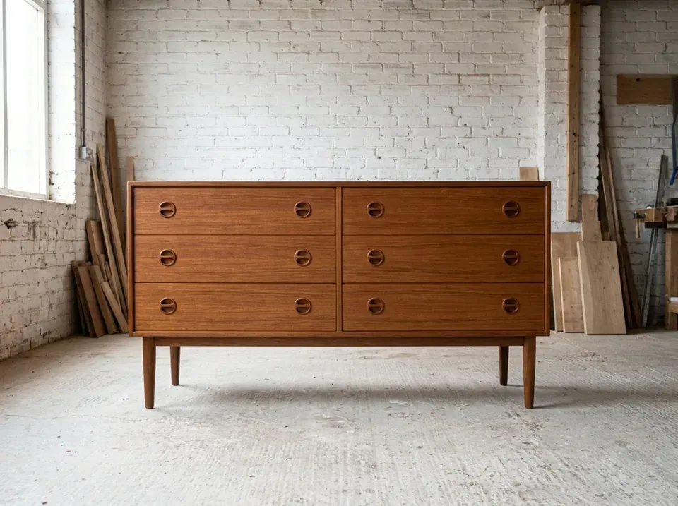 A low teak chest with two columns of three drawers