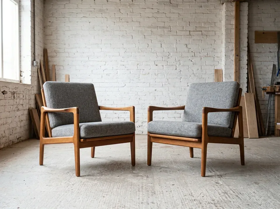 Two oak lounge chairs with grey wool cushions