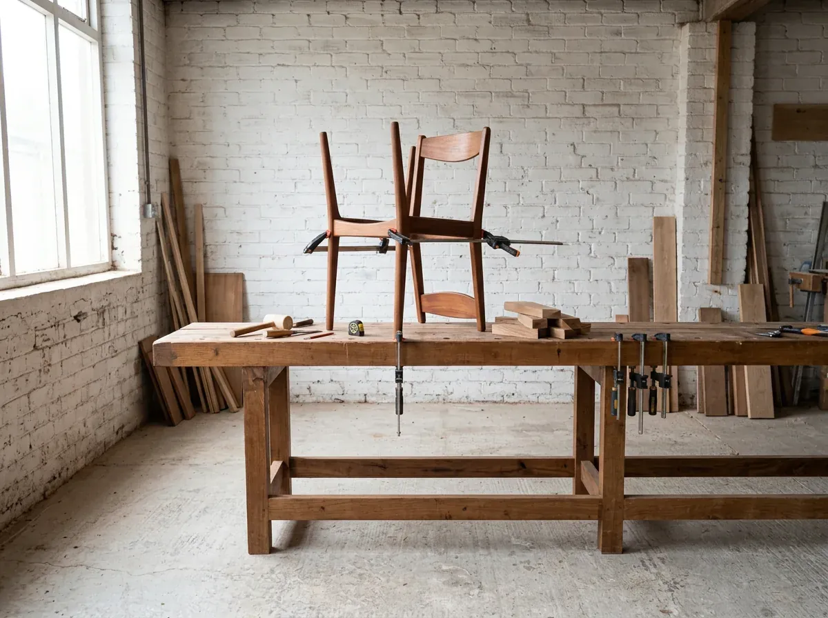 The Coburg Street workshop: a long workbench with clamps and a chair upside down mid-repair
