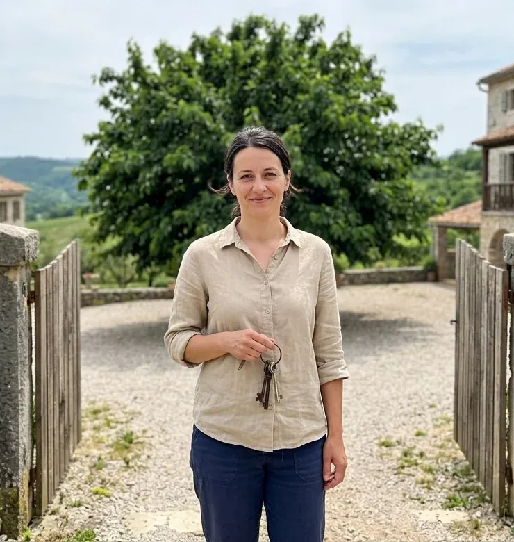 Ivana at the open courtyard gate, holding the house keys