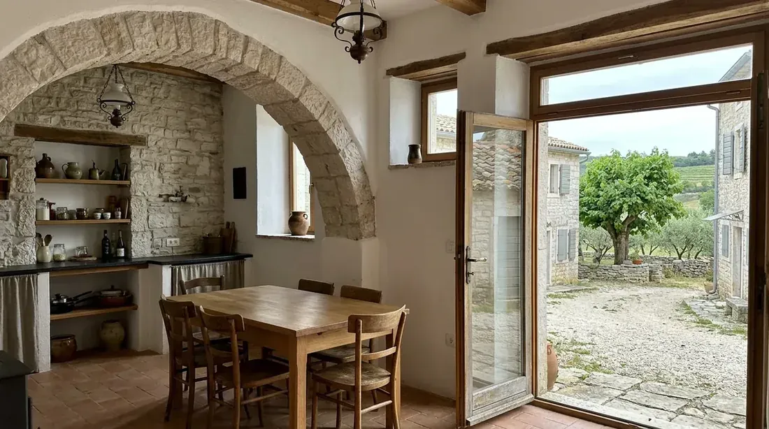 Inside Konoba: whitewashed walls and a stone arch over an oak table