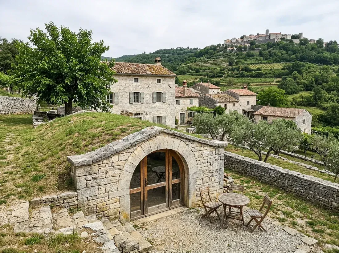 The low cellar house with a round stone arch over a glazed door