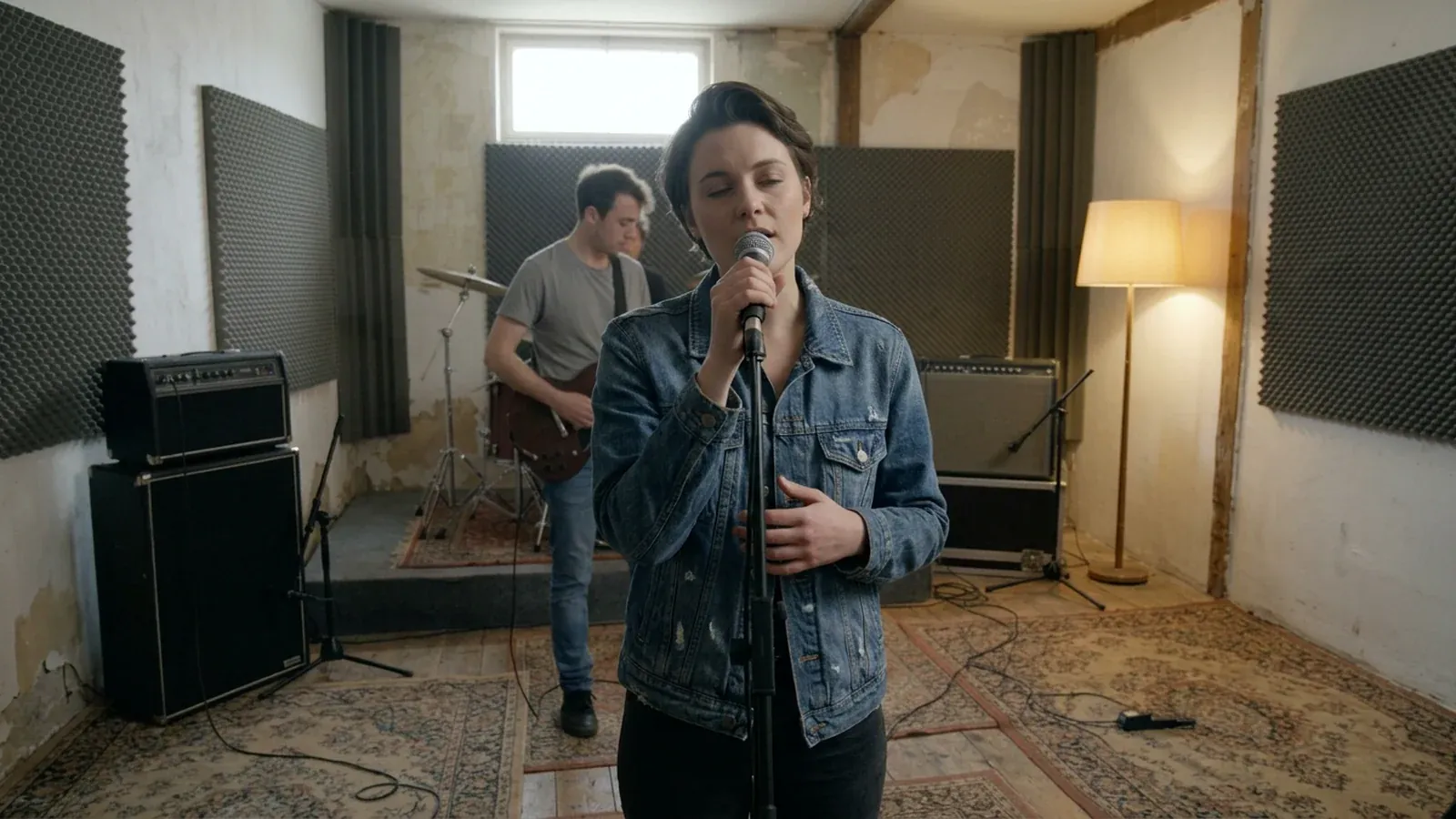 A singer at the microphone in the same rehearsal room, a guitarist behind her
