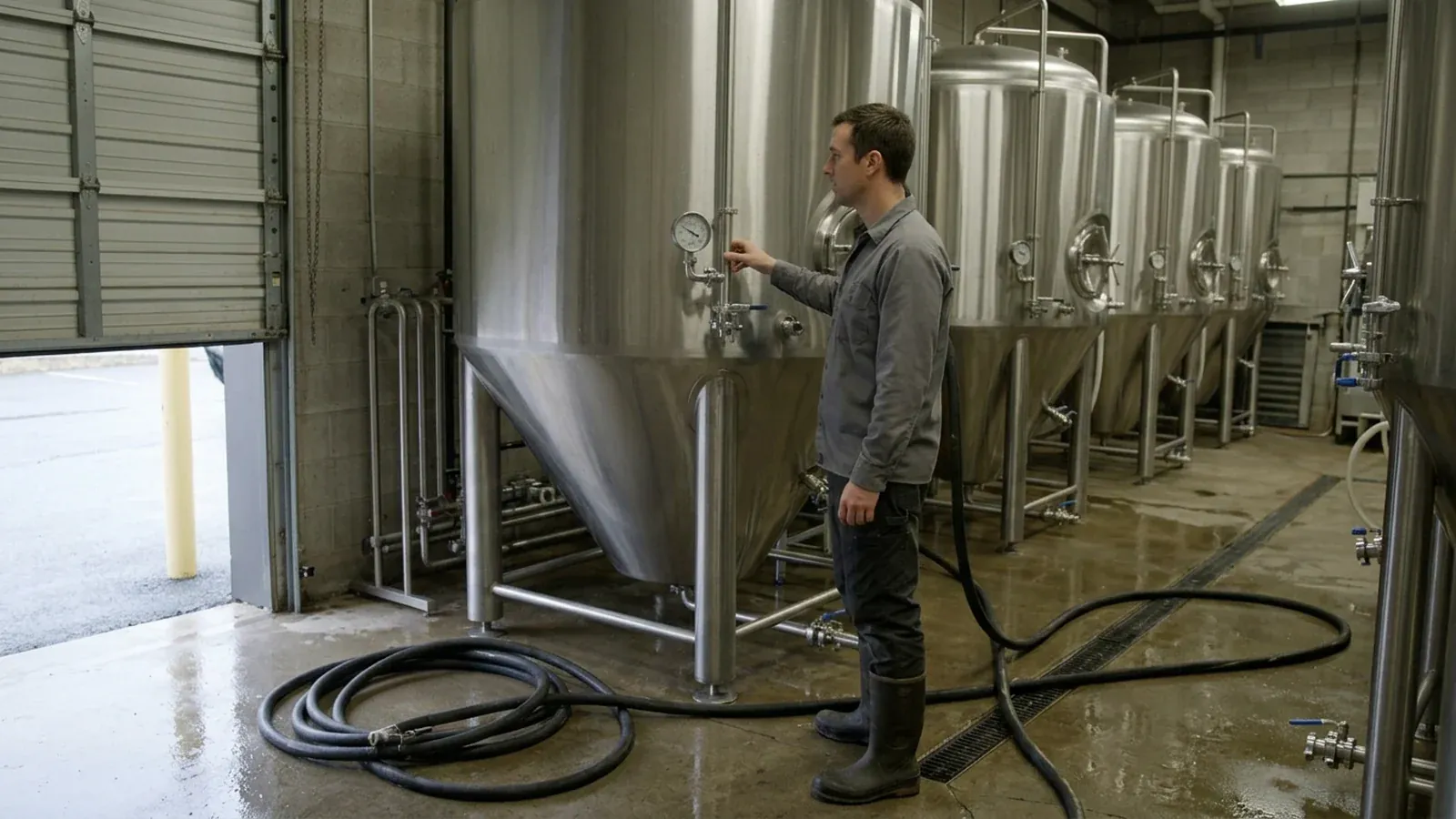 A brewer checking a steel tank in a small brewhouse