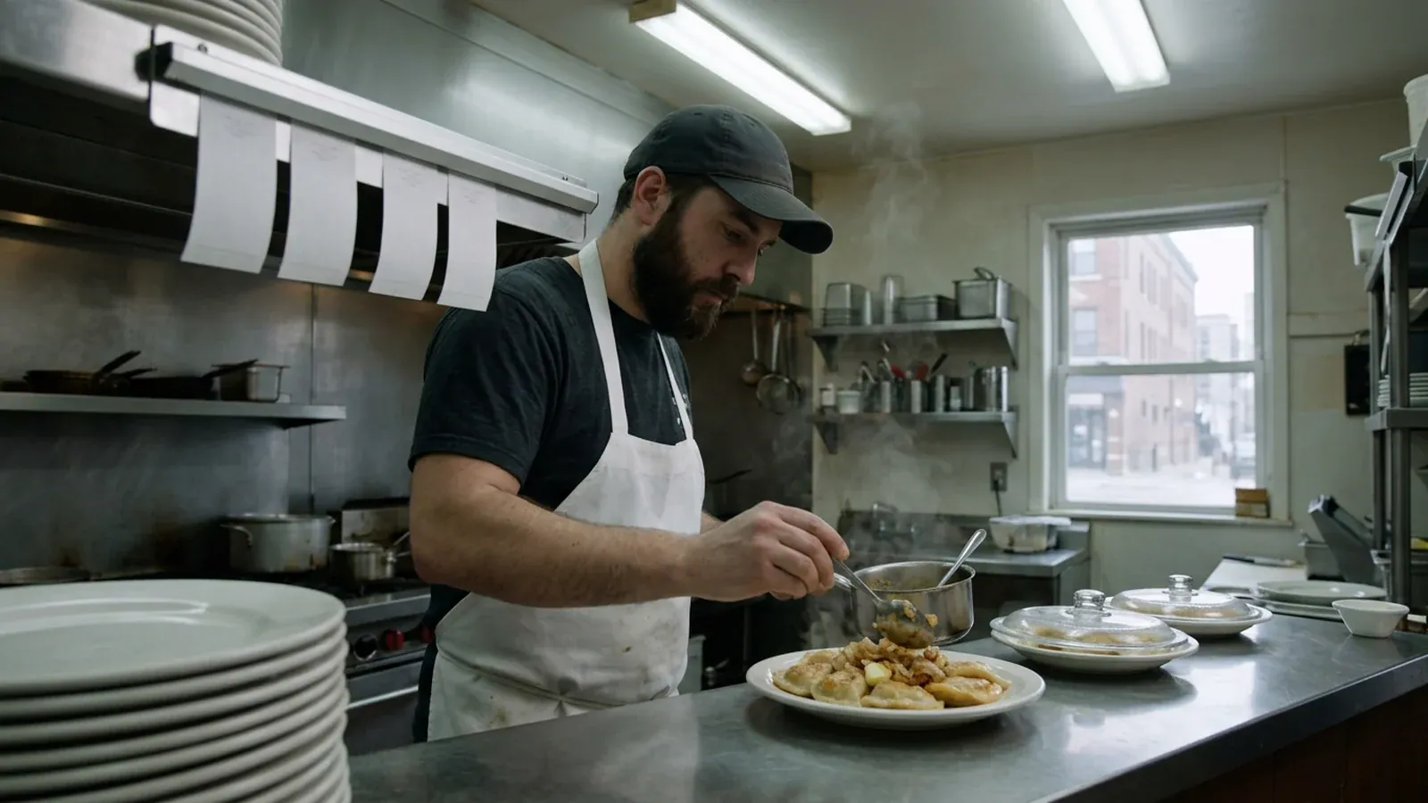 A cook plating pierogi at the pass of a small restaurant kitchen