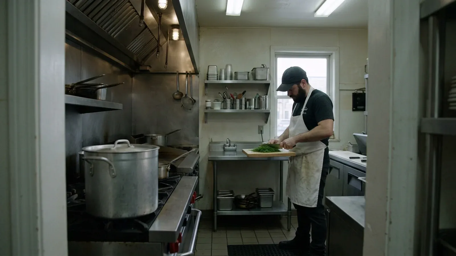 A cook chopping dill at a steel counter by the kitchen window