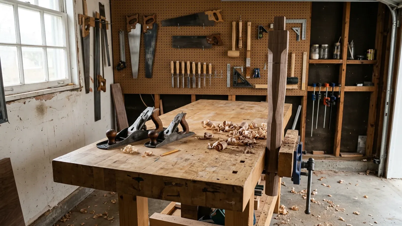 A woodworking bench with hand planes and shavings in a garage workshop